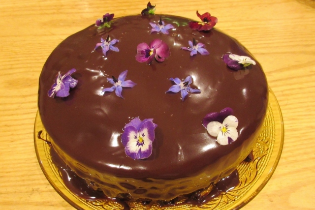 Chocolate cake and edible flowers